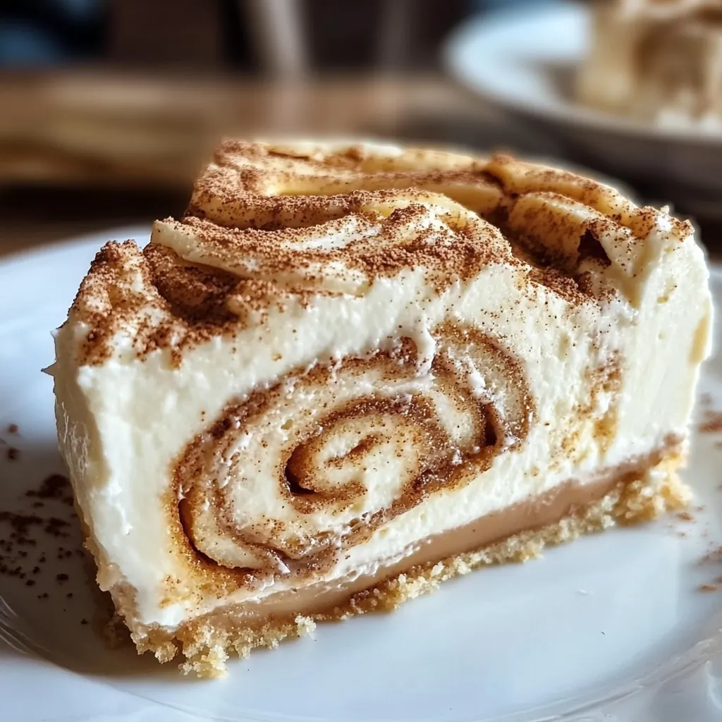 Cinnamon Roll Cheesecake with creamy layers, cinnamon swirls, and a drizzle of glaze on a white plate.