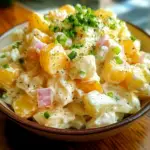 Creamy classic potato salad garnished with parsley, served in a white bowl.