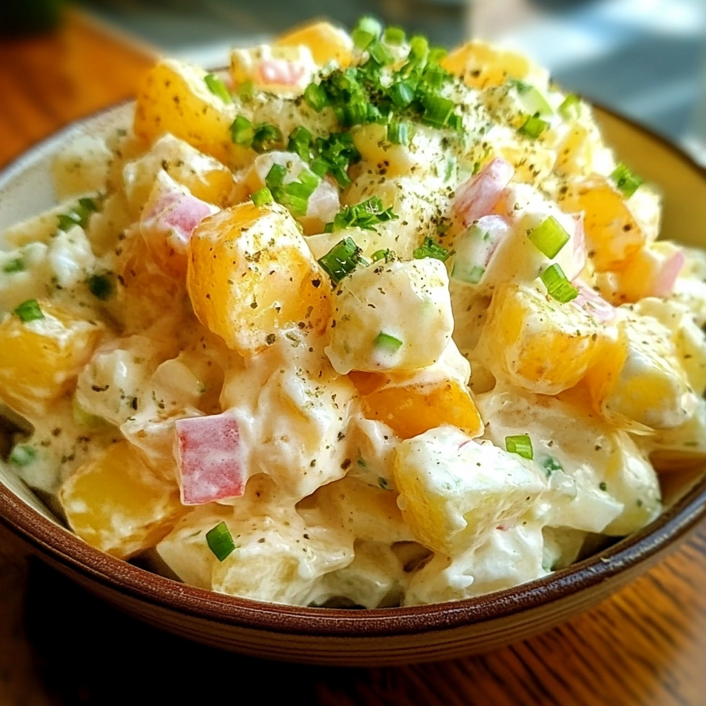 Creamy classic potato salad garnished with parsley, served in a white bowl.