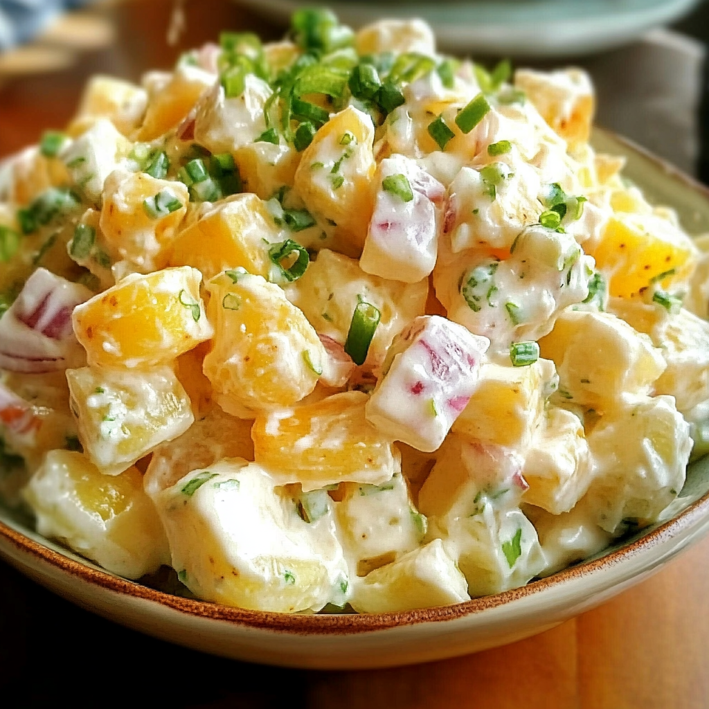 Creamy classic potato salad garnished with parsley, served in a white bowl.