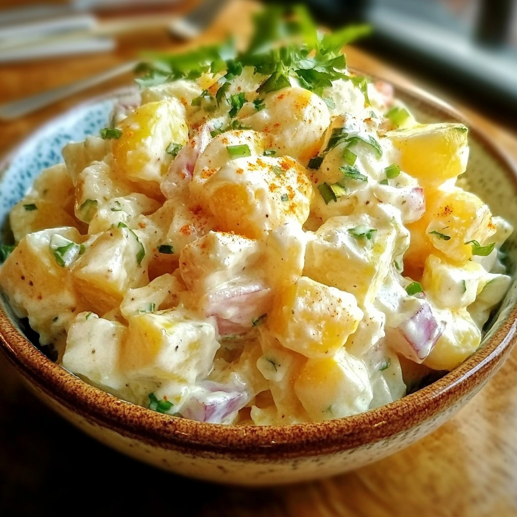 Creamy classic potato salad garnished with parsley, served in a white bowl.