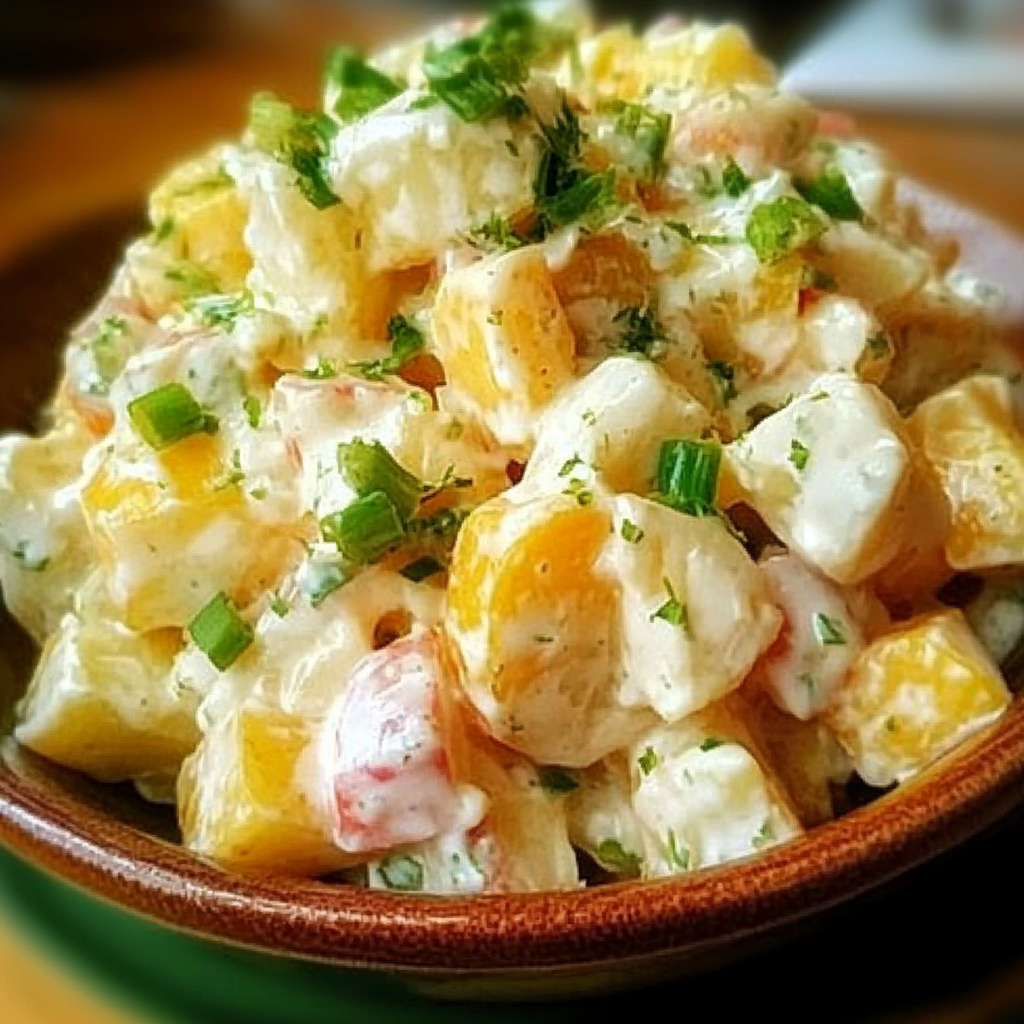 Creamy classic potato salad garnished with parsley, served in a white bowl.