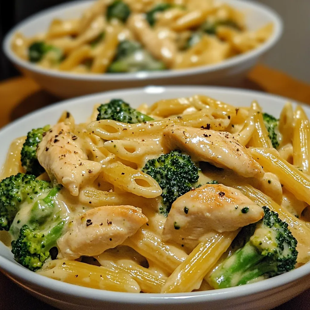 A bowl of creamy broccoli and chicken penne garnished with fresh parsley.