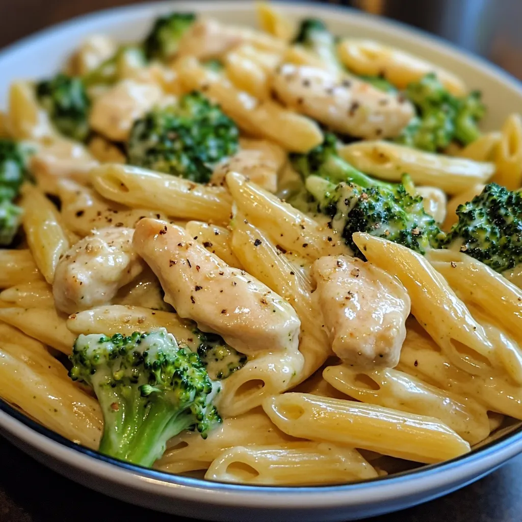 A bowl of creamy broccoli and chicken penne garnished with fresh parsley.