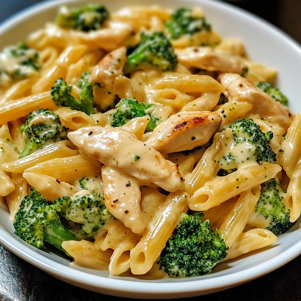 A bowl of creamy broccoli and chicken penne garnished with fresh parsley.