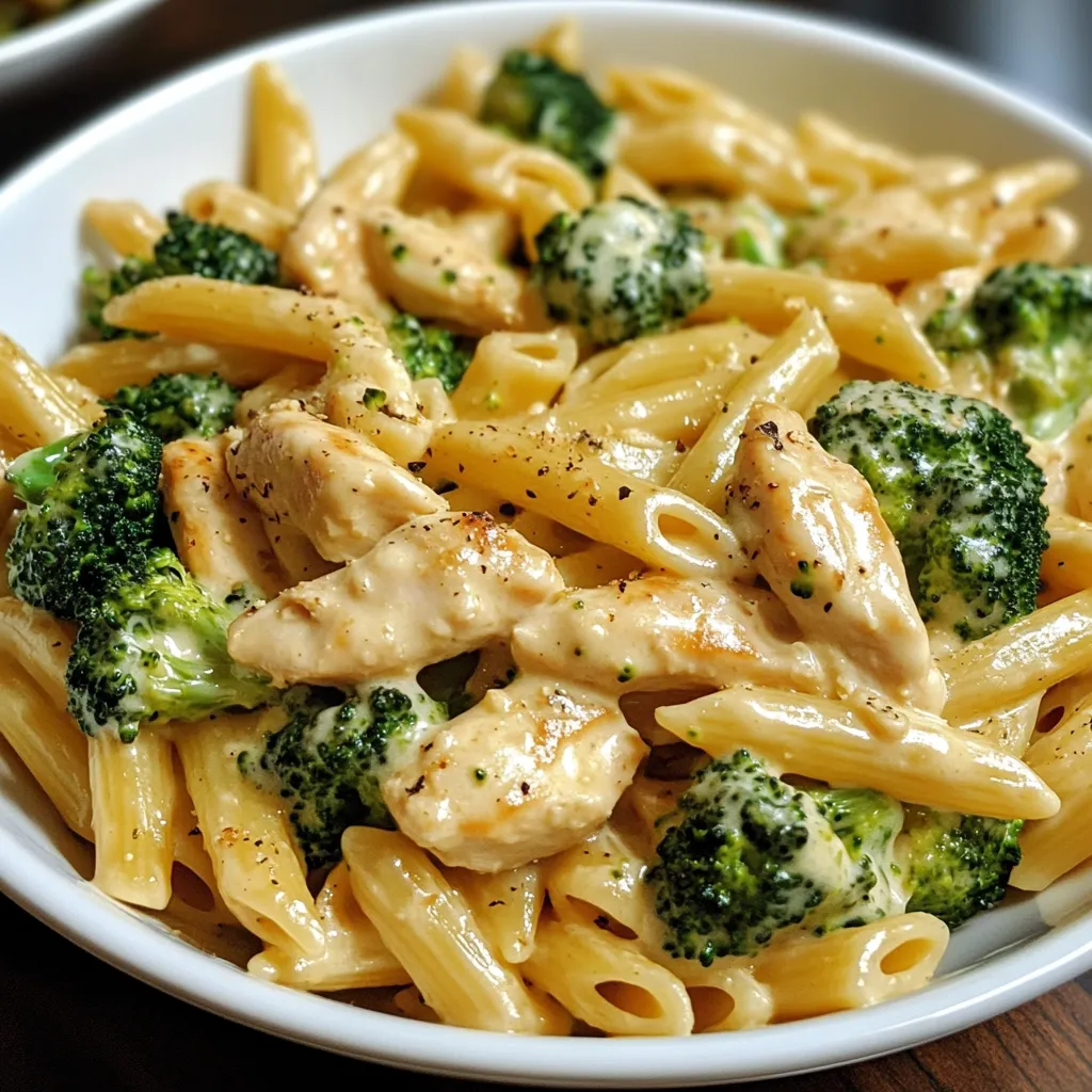 A bowl of creamy broccoli and chicken penne garnished with fresh parsley.