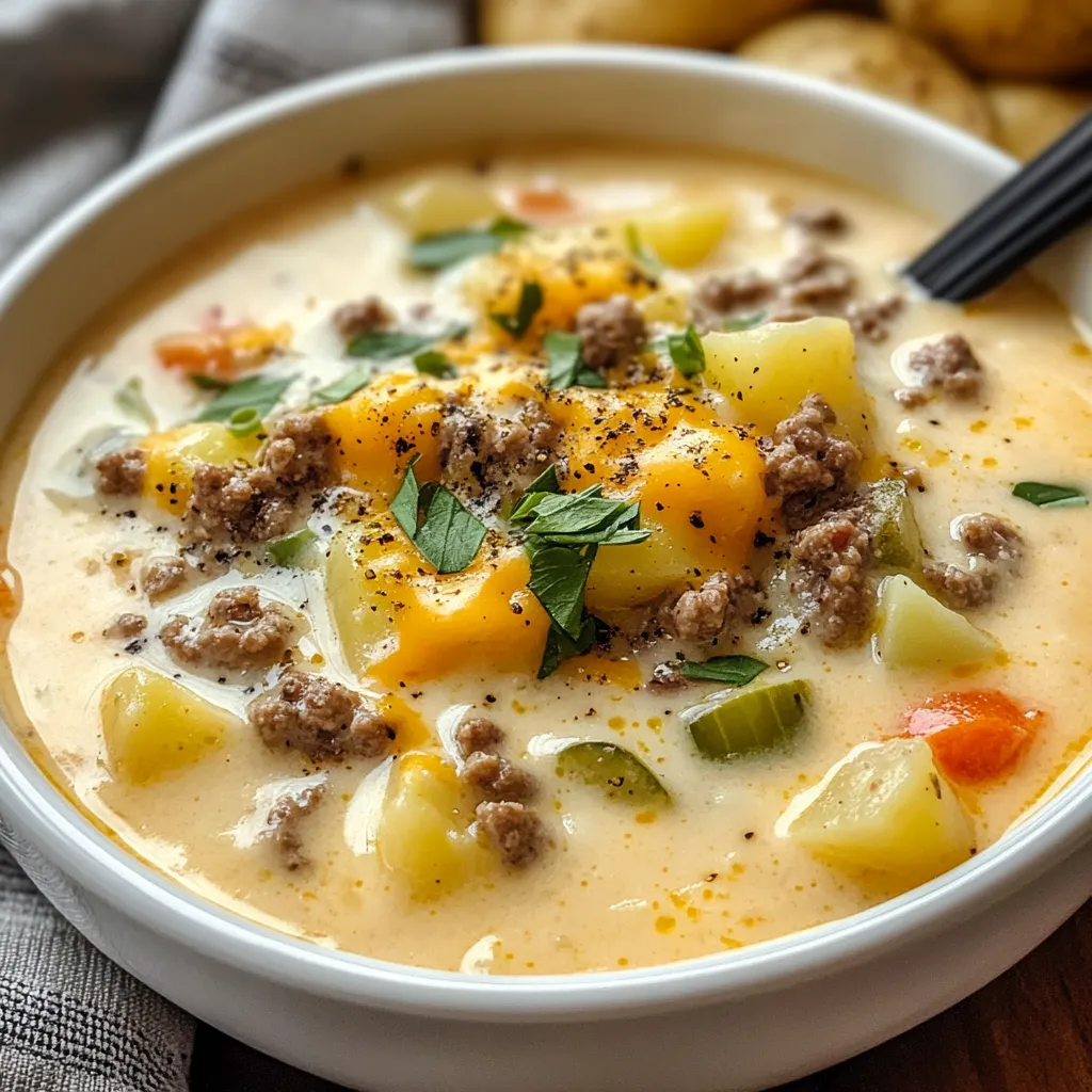 A hearty bowl of creamy potato cheeseburger soup topped with crumbled bacon and green onions.