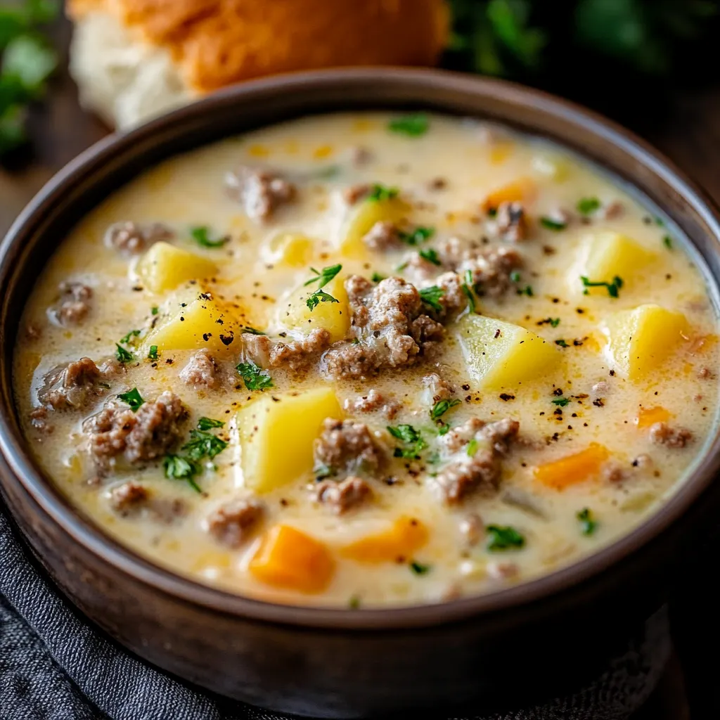 A hearty bowl of creamy potato cheeseburger soup topped with crumbled bacon and green onions.