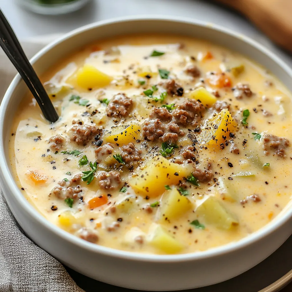 A hearty bowl of creamy potato cheeseburger soup topped with crumbled bacon and green onions.