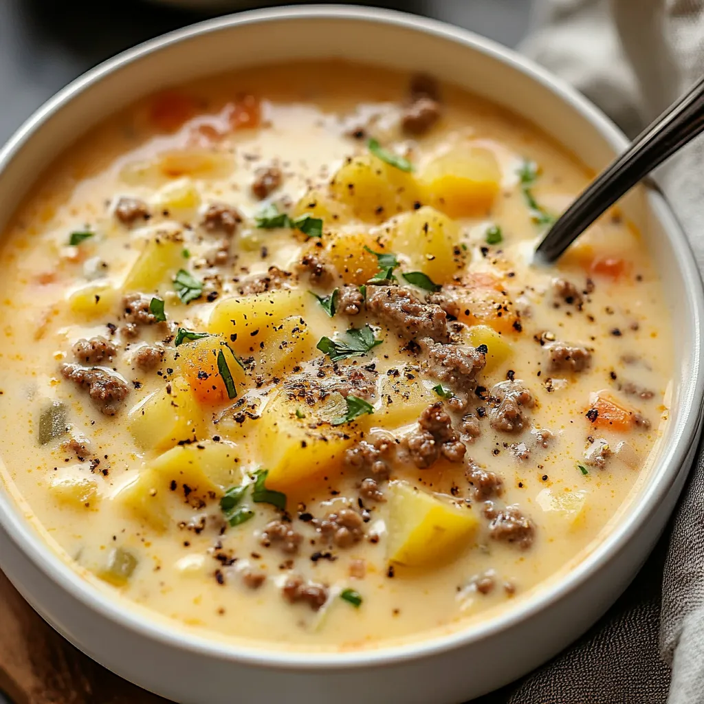 A hearty bowl of creamy potato cheeseburger soup topped with crumbled bacon and green onions.