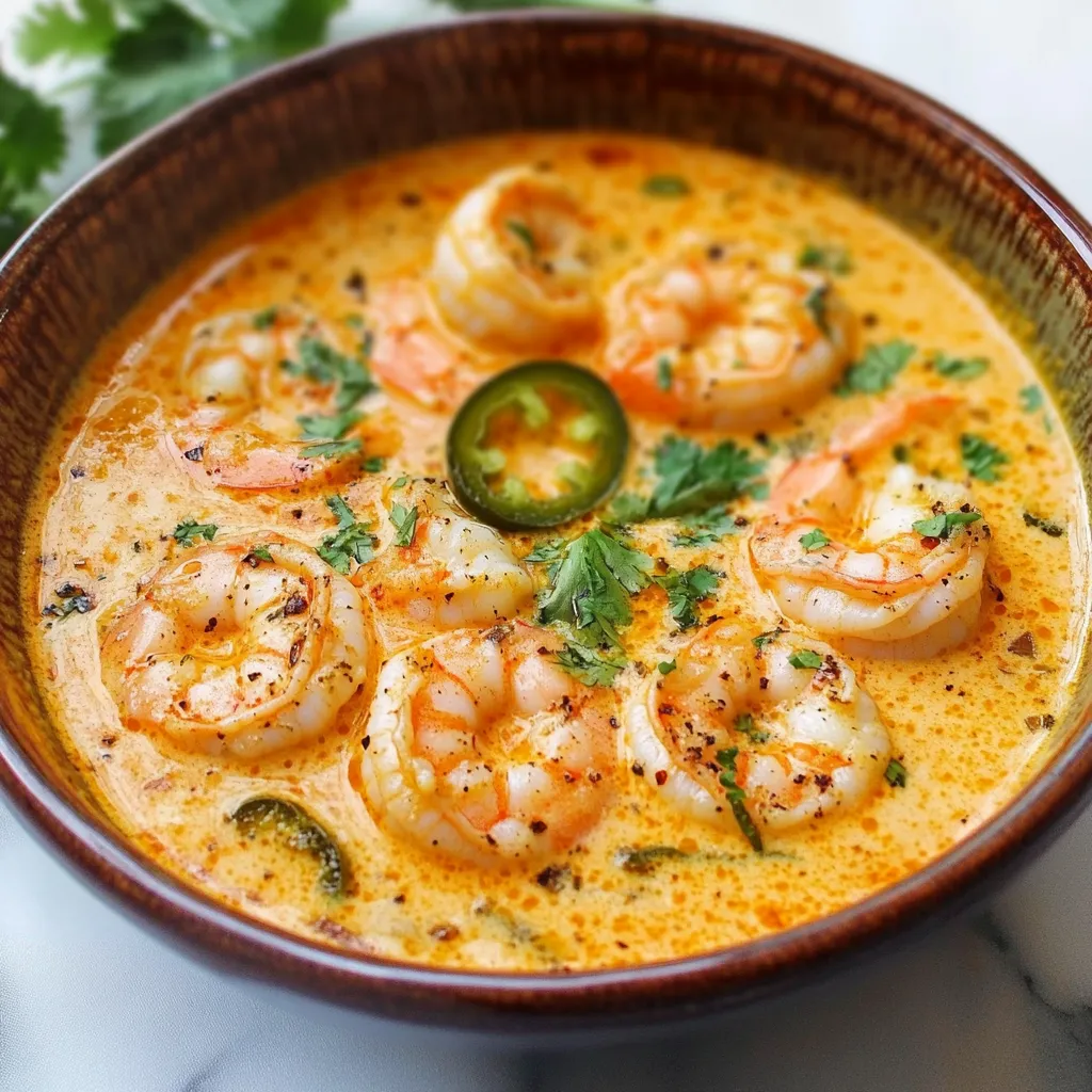 A bowl of creamy spicy jalapeño shrimp soup garnished with fresh cilantro and served with lime wedges on the side.