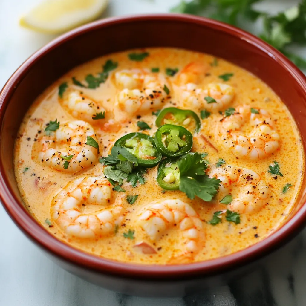 A bowl of creamy spicy jalapeño shrimp soup garnished with fresh cilantro and served with lime wedges on the side.