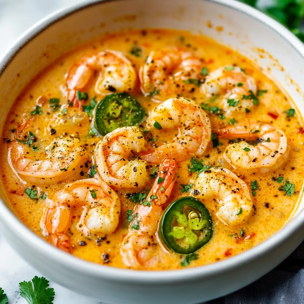 A bowl of creamy spicy jalapeño shrimp soup garnished with fresh cilantro and served with lime wedges on the side.