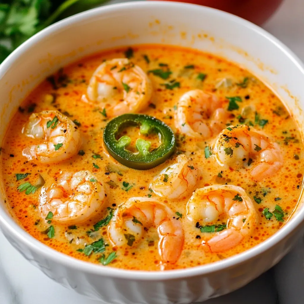 A bowl of creamy spicy jalapeño shrimp soup garnished with fresh cilantro and served with lime wedges on the side.