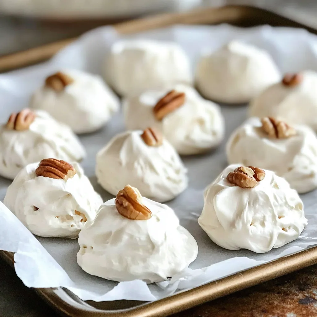 A plate of glossy, snowy-white Easy Divinity Candy pieces topped with chopped pecans, perfect for holiday gifting.