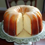 A freshly baked Five Flavor Pound Cake topped with a glossy butter glaze, served on a decorative plate.