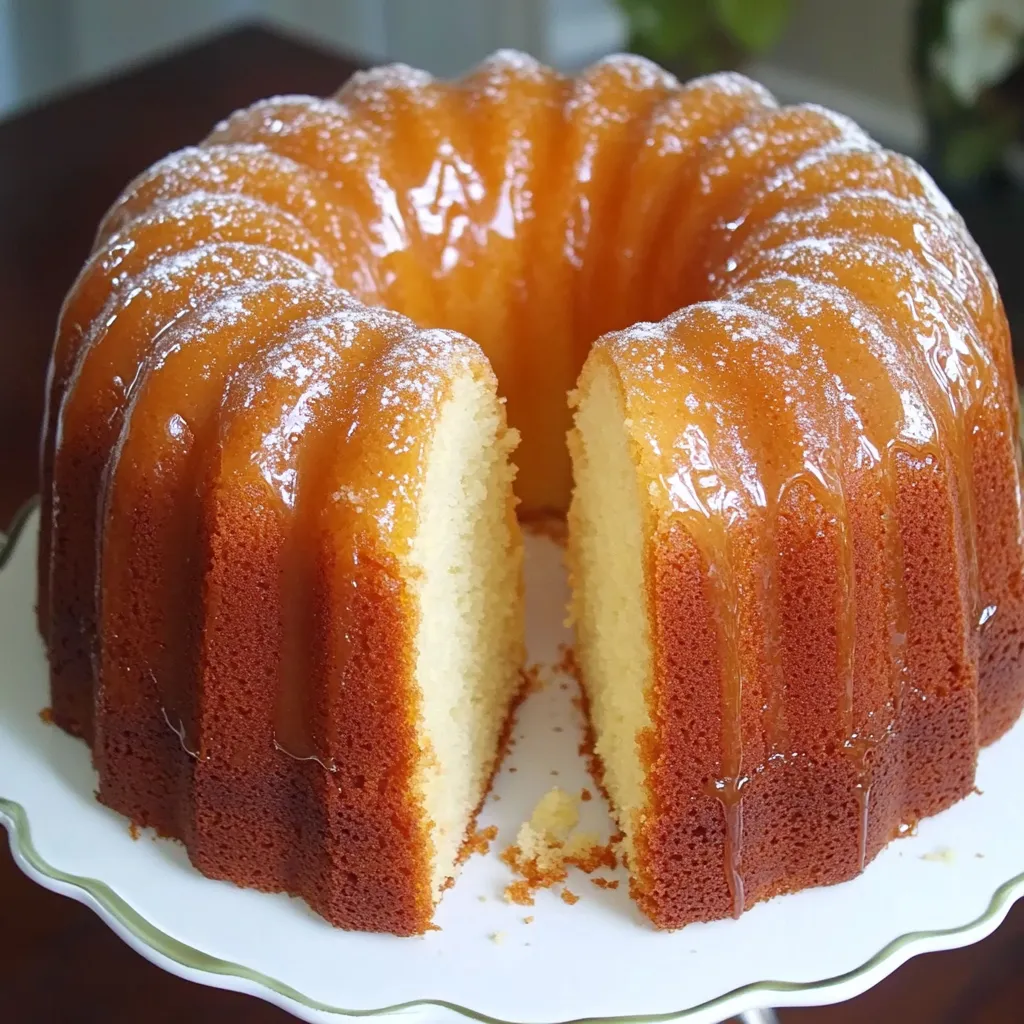 A freshly baked Five Flavor Pound Cake topped with a glossy butter glaze, served on a decorative plate.