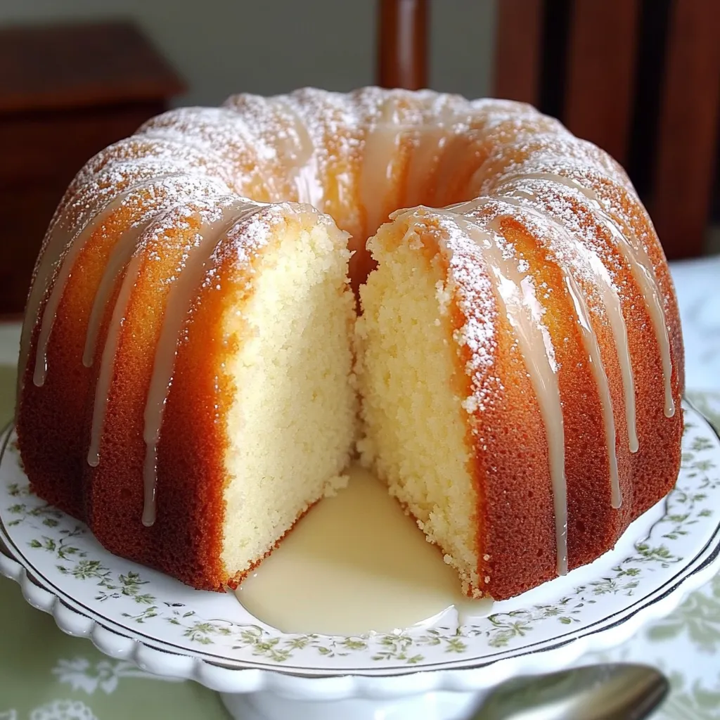 A freshly baked Five Flavor Pound Cake topped with a glossy butter glaze, served on a decorative plate.