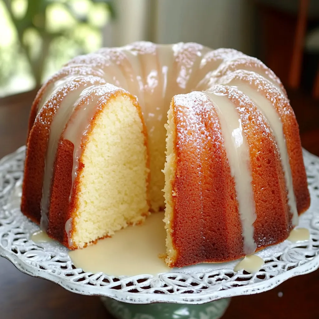 A freshly baked Five Flavor Pound Cake topped with a glossy butter glaze, served on a decorative plate.