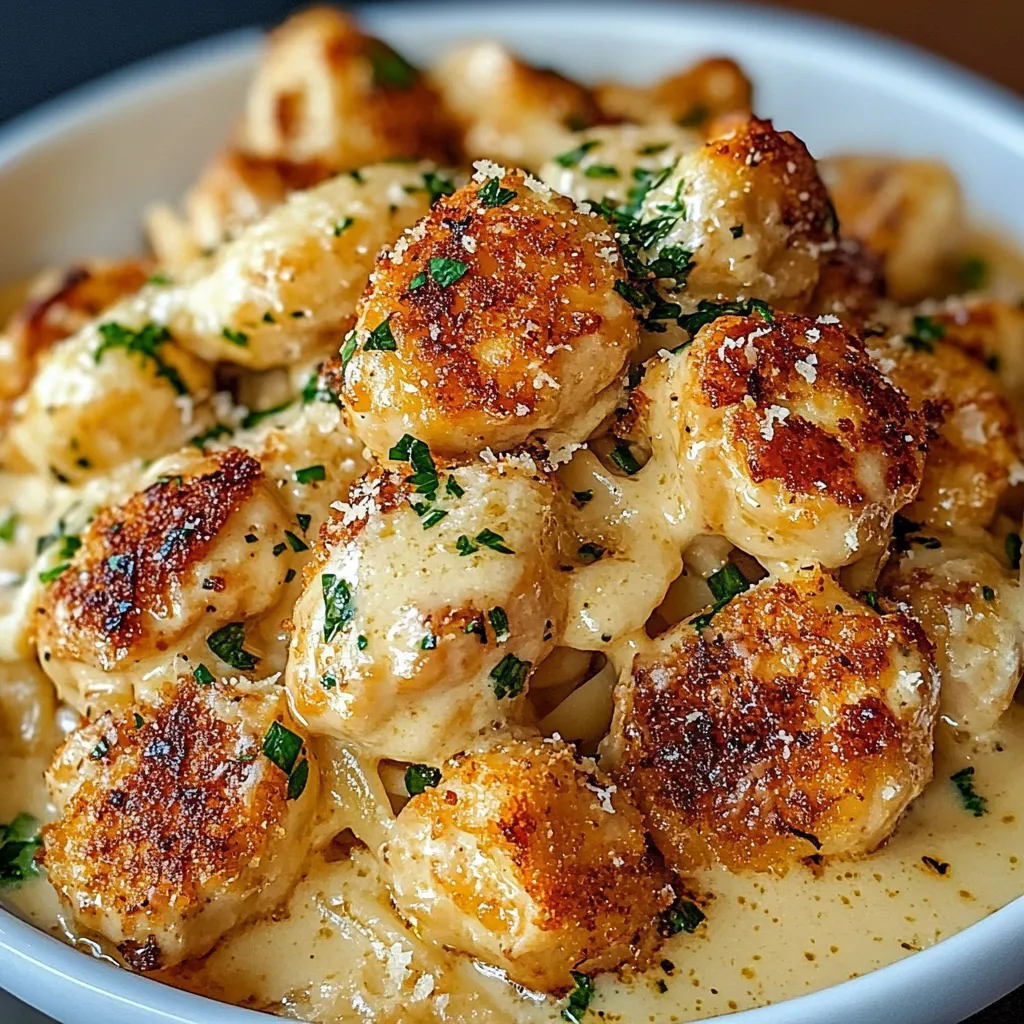 Golden Garlic Chicken Bites served over Creamy Parmesan Pasta with parsley garnish.