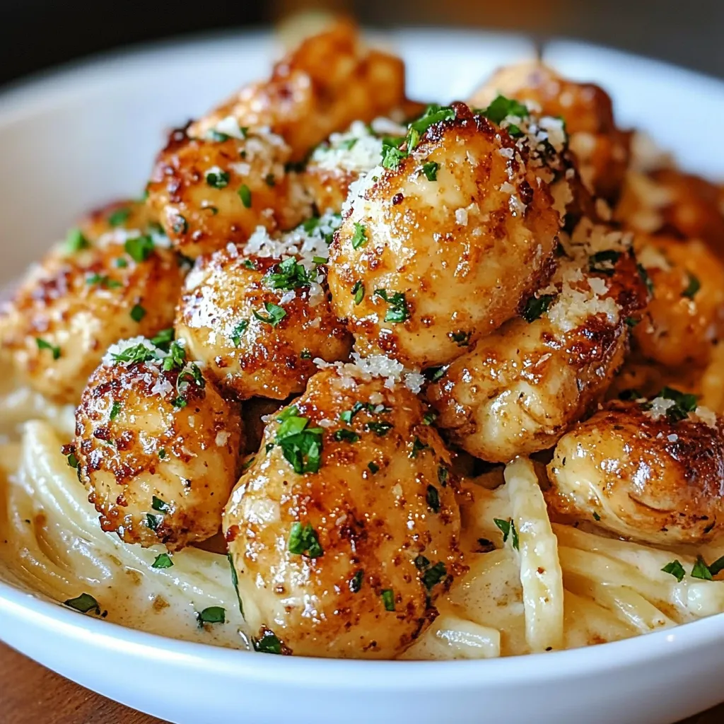 Golden Garlic Chicken Bites served over Creamy Parmesan Pasta with parsley garnish.