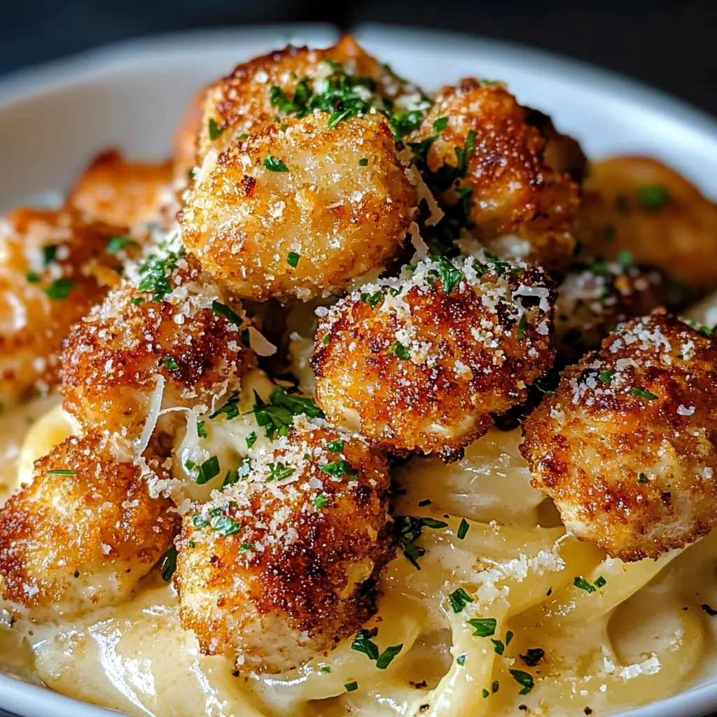 Golden Garlic Chicken Bites served over Creamy Parmesan Pasta with parsley garnish.