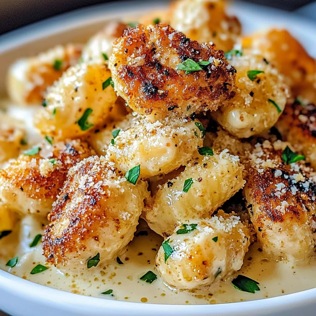 Golden Garlic Chicken Bites served over Creamy Parmesan Pasta with parsley garnish.