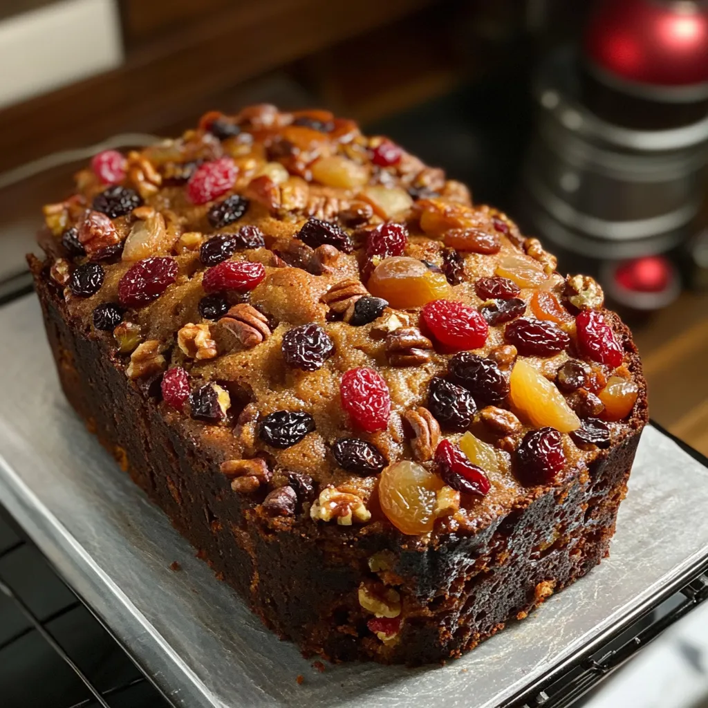 A moist fruitcake garnished with dried fruits and nuts, perfect for holiday celebrations and gifting.