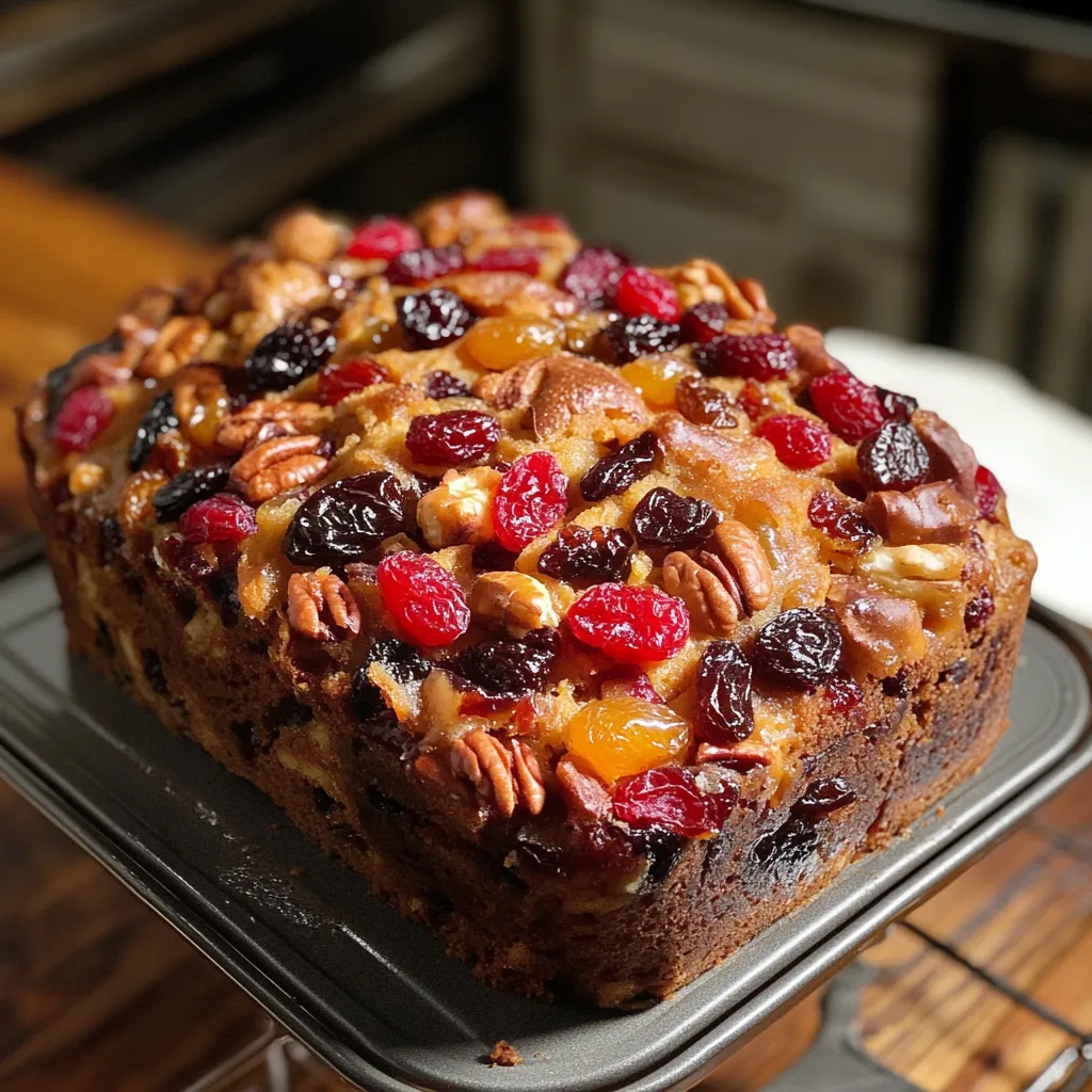 A moist fruitcake garnished with dried fruits and nuts, perfect for holiday celebrations and gifting.