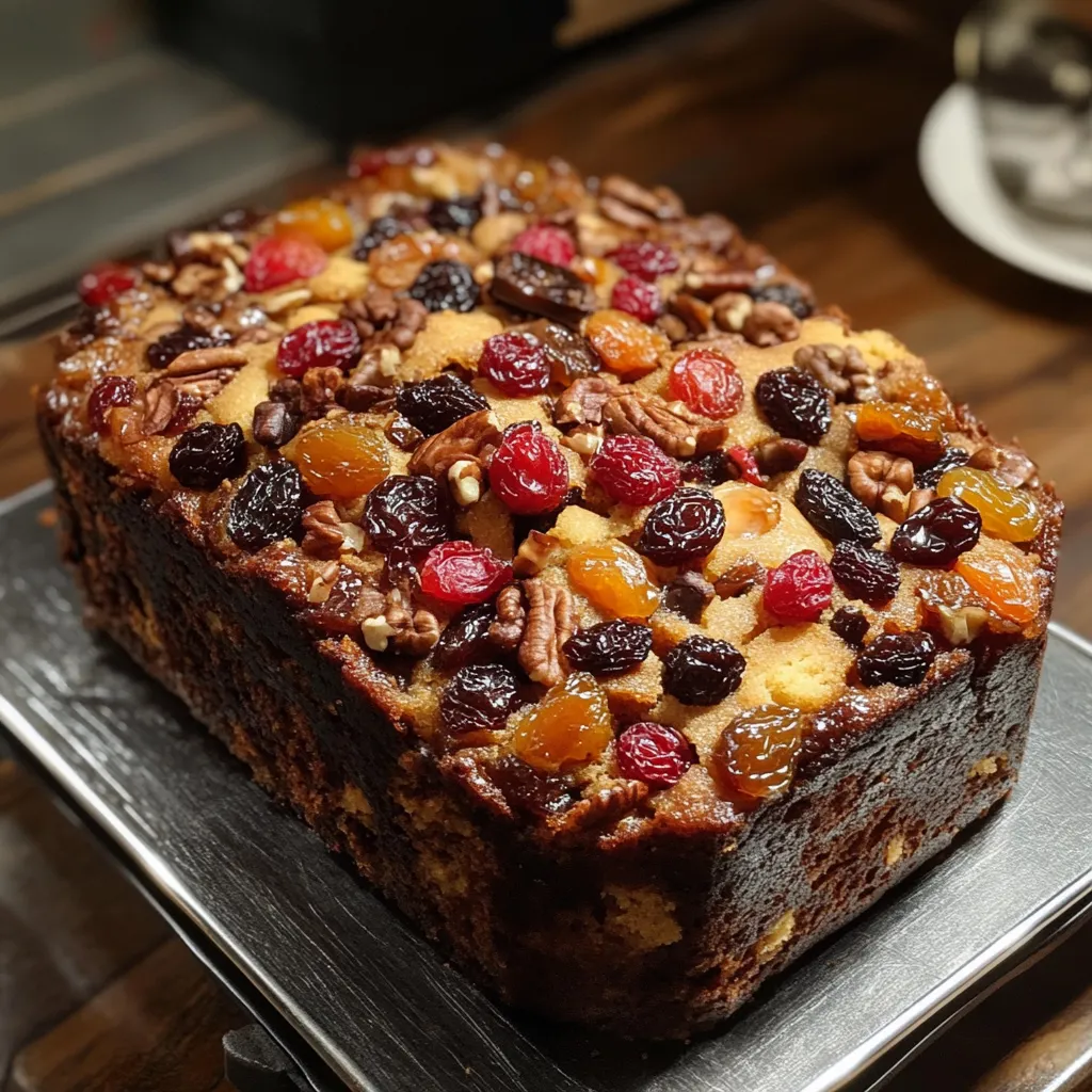 A moist fruitcake garnished with dried fruits and nuts, perfect for holiday celebrations and gifting.