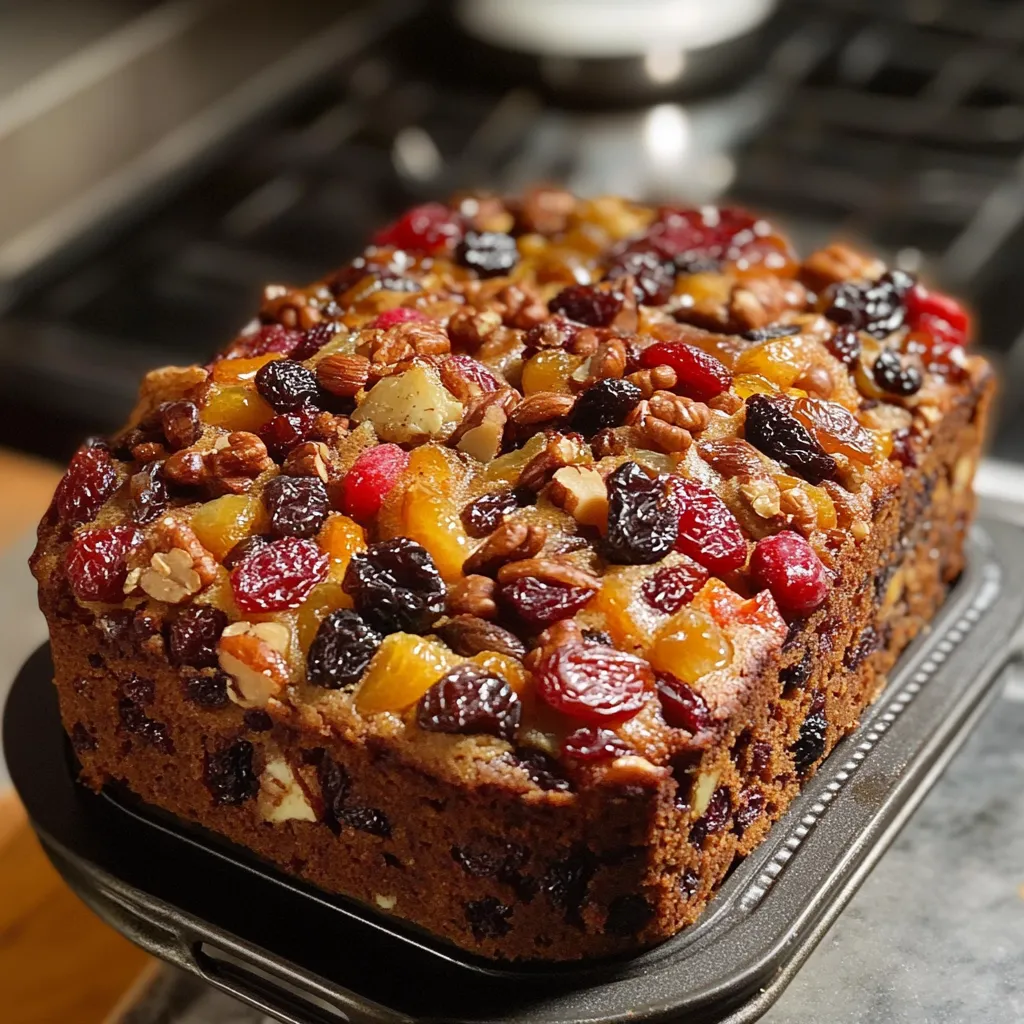 A moist fruitcake garnished with dried fruits and nuts, perfect for holiday celebrations and gifting.