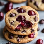 Maraschino Cherry Chocolate Chip Cookies on a cooling rack with vibrant pink hues and scattered chocolate chips.