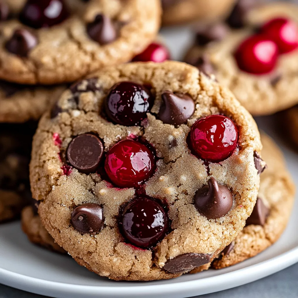 Maraschino Cherry Chocolate Chip Cookies on a cooling rack with vibrant pink hues and scattered chocolate chips.