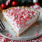 A no-bake candy cane pie with crushed candy canes and mini candy cane decorations on top, perfect for Christmas.