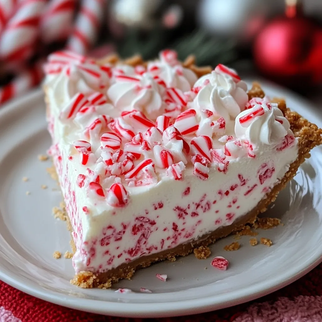 A no-bake candy cane pie with crushed candy canes and mini candy cane decorations on top, perfect for Christmas.