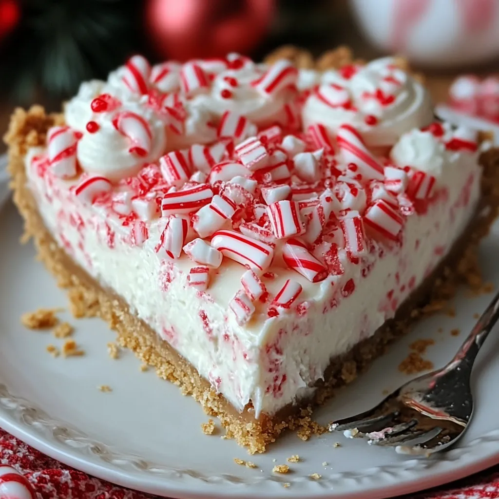 A no-bake candy cane pie with crushed candy canes and mini candy cane decorations on top, perfect for Christmas.