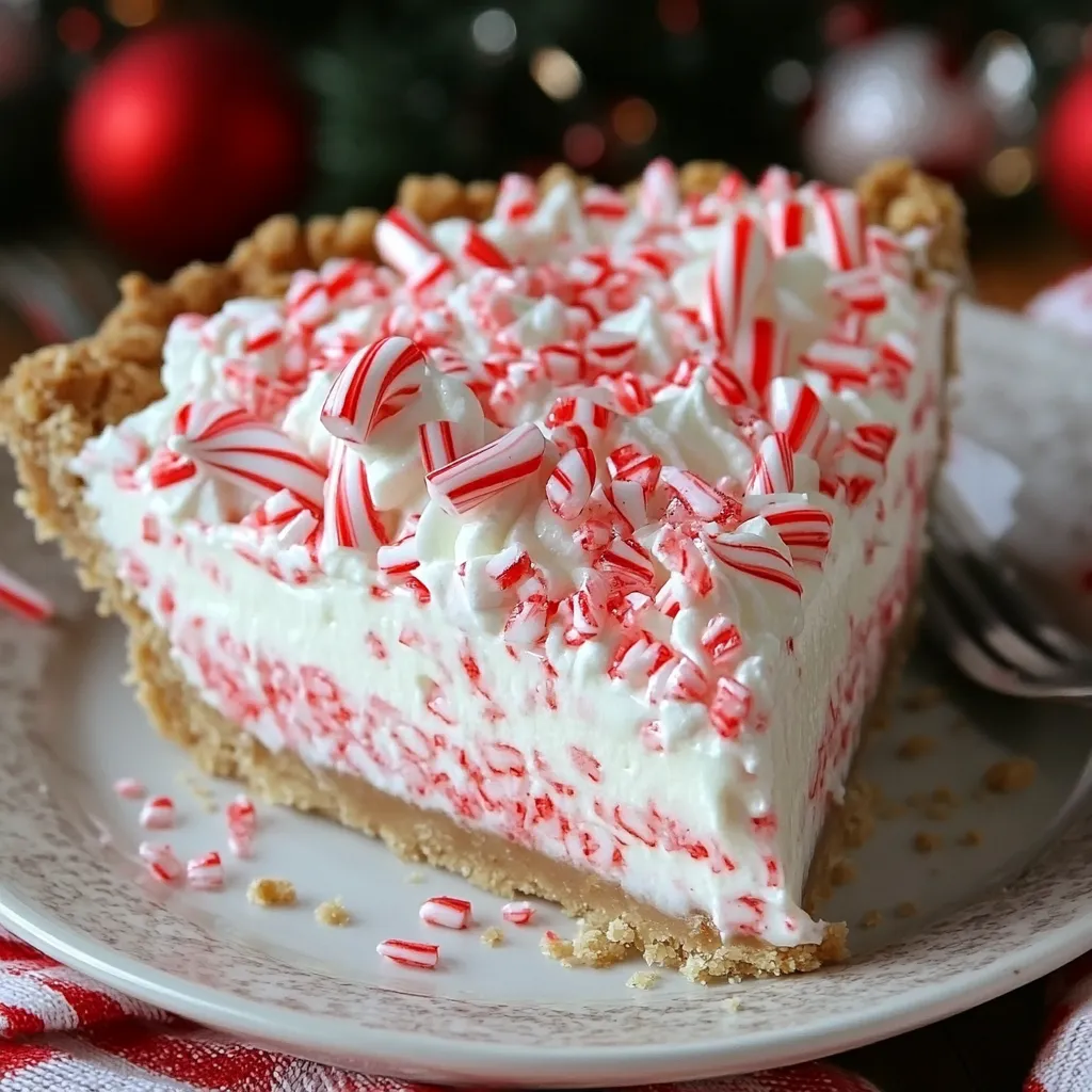 A no-bake candy cane pie with crushed candy canes and mini candy cane decorations on top, perfect for Christmas.