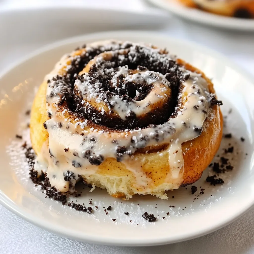 A tray of freshly baked Oreo-Stuffed Cinnamon Rolls drizzled with icing and chocolate.