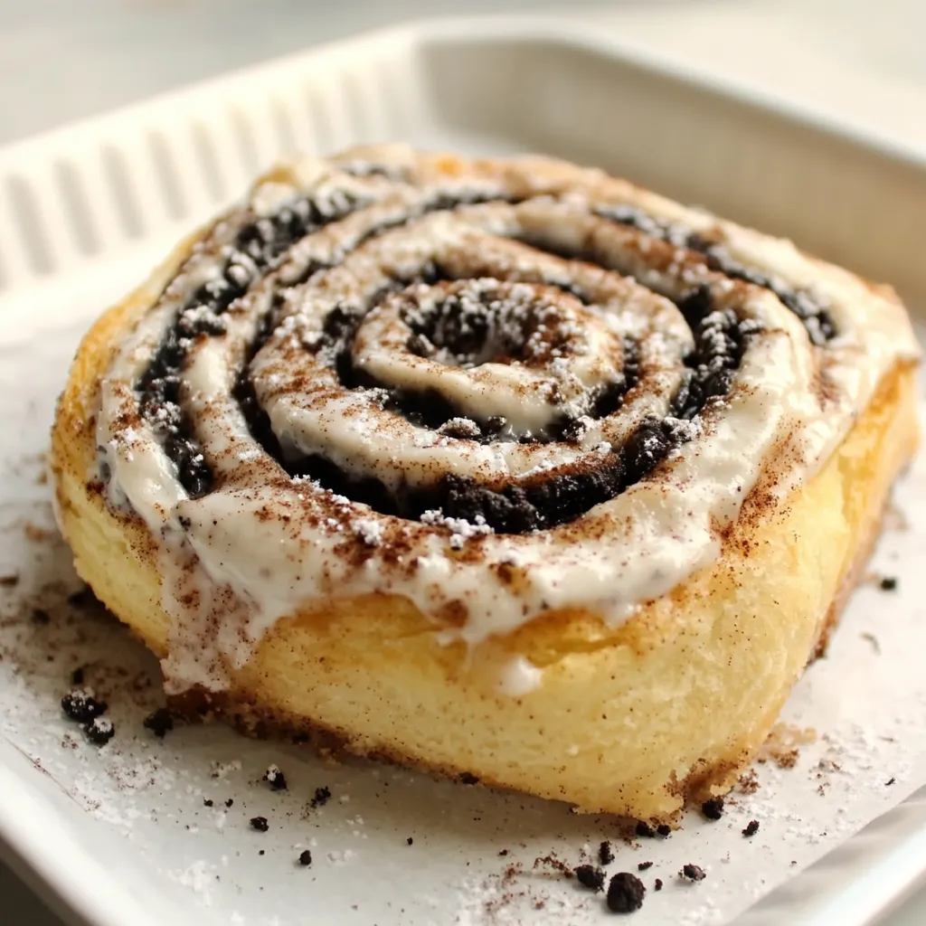 A tray of freshly baked Oreo-Stuffed Cinnamon Rolls drizzled with icing and chocolate.