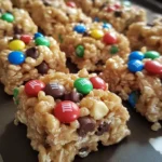 A batch of Peanut Butter Rice Krispie Treats topped with colorful M&M's and mini chocolate chips on a parchment-lined baking sheet.