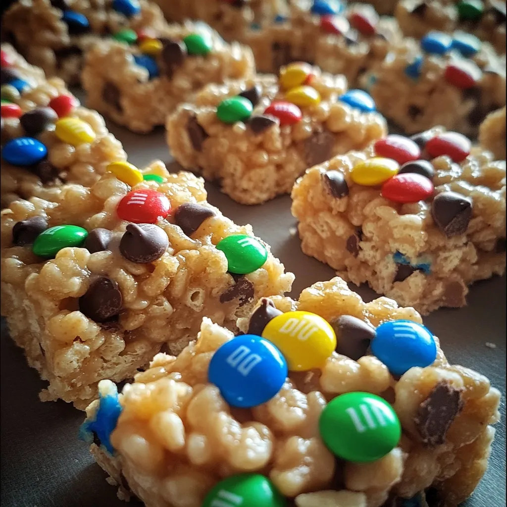 A batch of Peanut Butter Rice Krispie Treats topped with colorful M&M's and mini chocolate chips on a parchment-lined baking sheet.