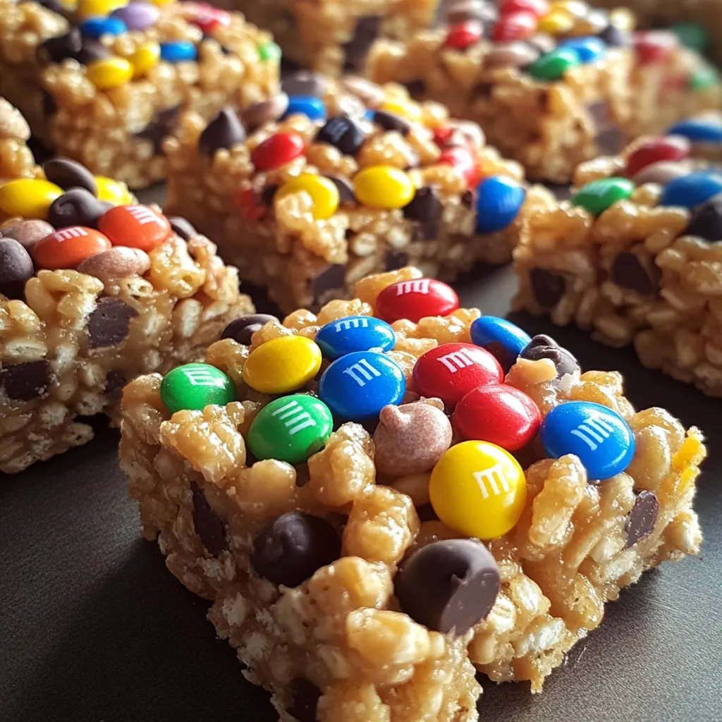 A batch of Peanut Butter Rice Krispie Treats topped with colorful M&M's and mini chocolate chips on a parchment-lined baking sheet.