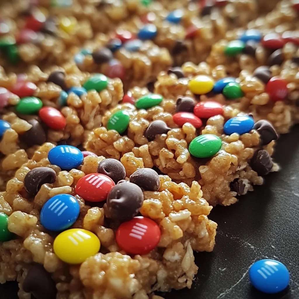 A batch of Peanut Butter Rice Krispie Treats topped with colorful M&M's and mini chocolate chips on a parchment-lined baking sheet.