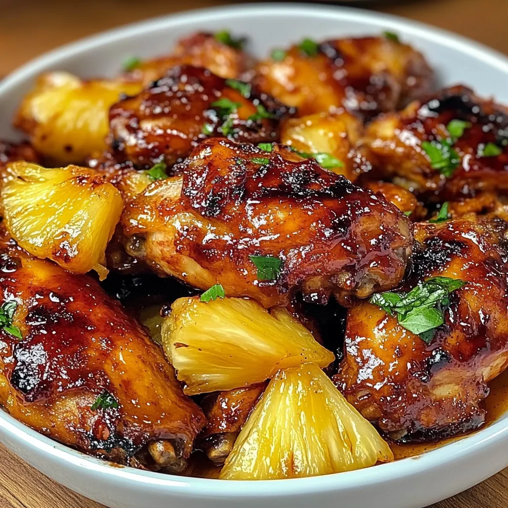 Crispy Pineapple Chicken Wings coated in a golden pineapple glaze with a garnish of fresh pineapple chunks.