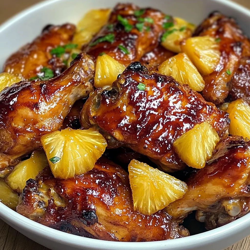 Crispy Pineapple Chicken Wings coated in a golden pineapple glaze with a garnish of fresh pineapple chunks.