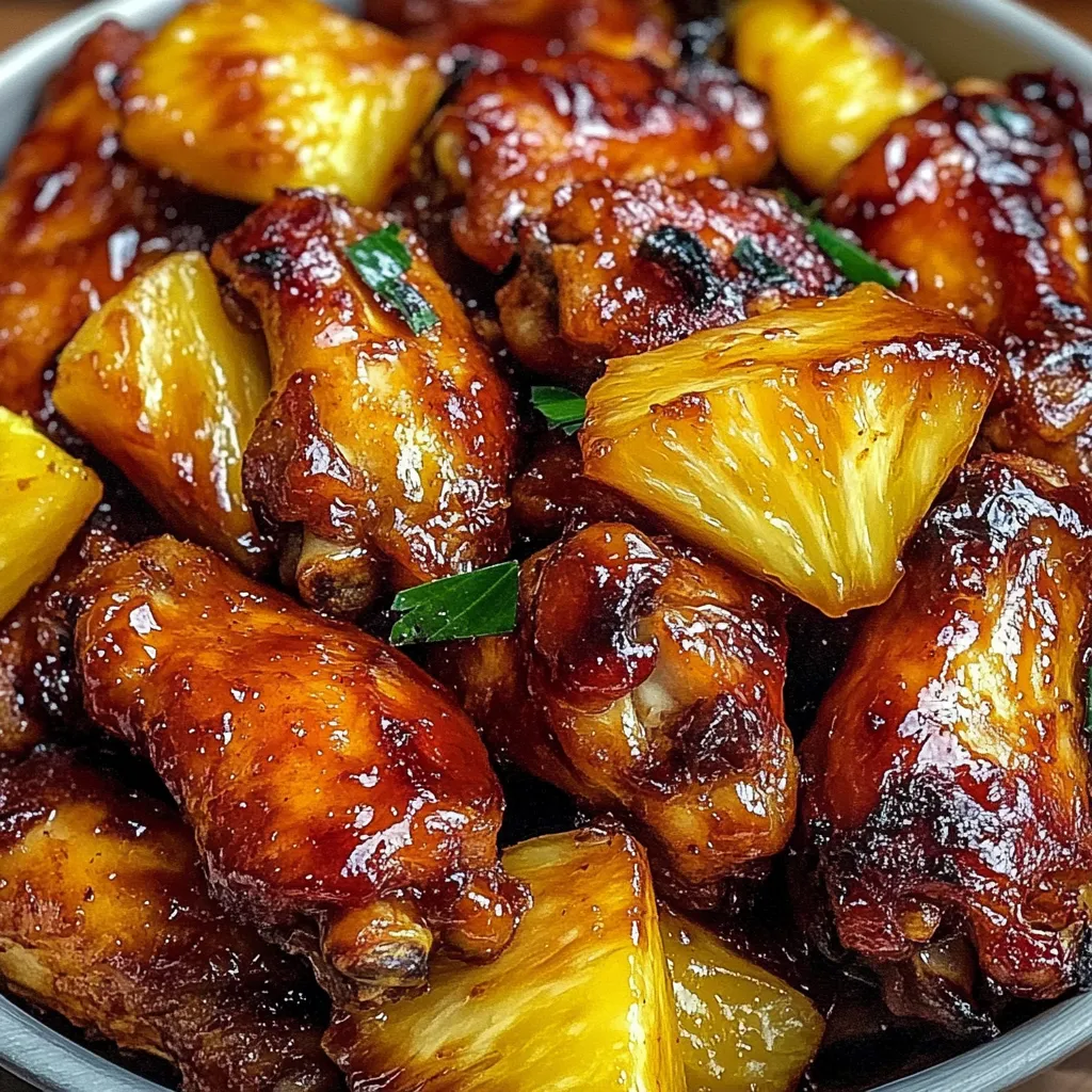 Crispy Pineapple Chicken Wings coated in a golden pineapple glaze with a garnish of fresh pineapple chunks.