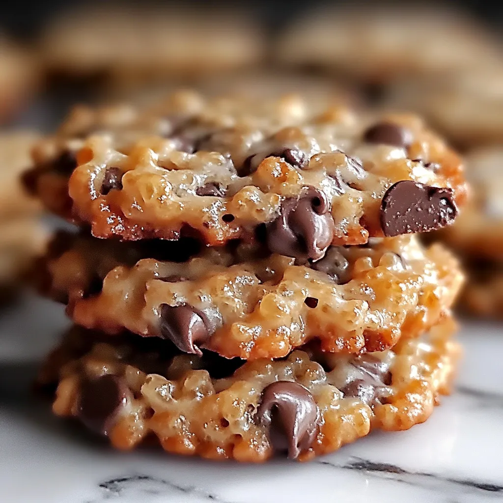 Chewy and crispy Rice Krispie Chocolate Chip Cookies stacked on a plate, showcasing their golden edges and gooey chocolate chips.