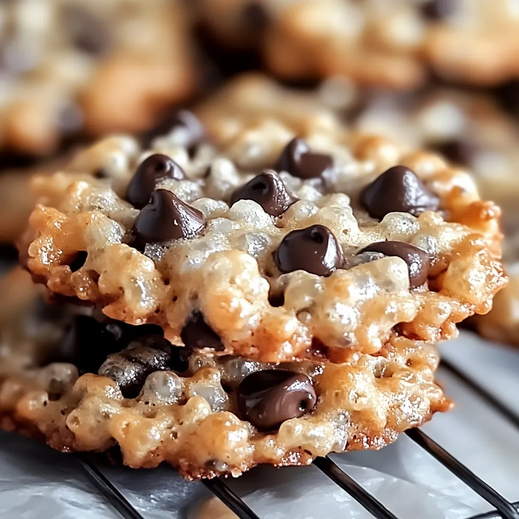 Chewy and crispy Rice Krispie Chocolate Chip Cookies stacked on a plate, showcasing their golden edges and gooey chocolate chips.