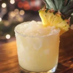 A glass of Snowy Pineapple Punch garnished with whipped cream, shredded coconut, and a pineapple wedge.