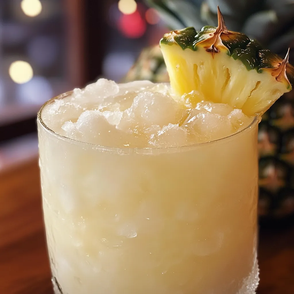 A glass of Snowy Pineapple Punch garnished with whipped cream, shredded coconut, and a pineapple wedge.